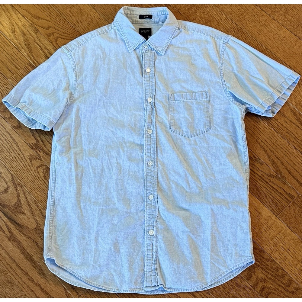 J.Crew Shirt Mens Medium Blue Chambray Short Sleeve Button Up Slim Fit Casual